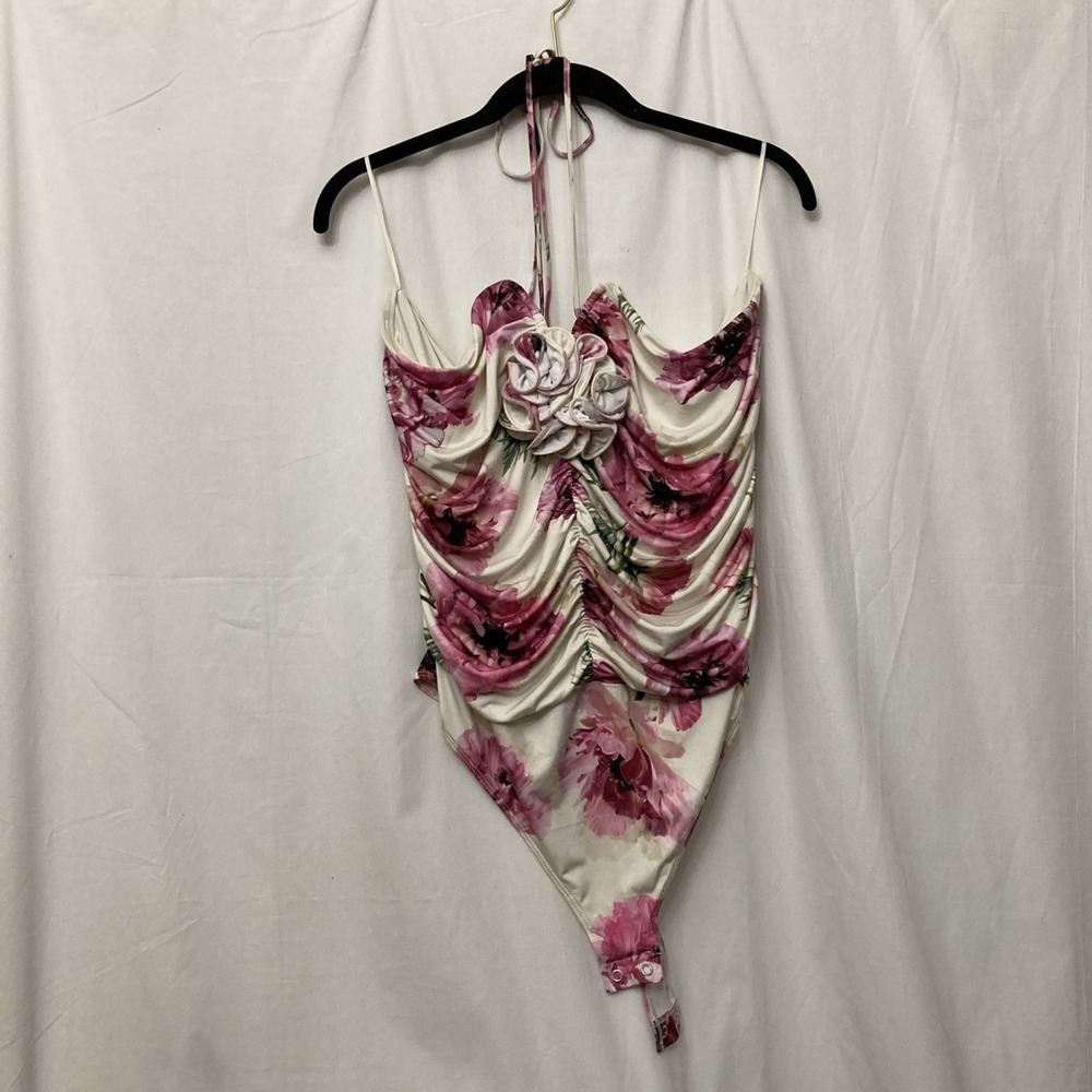 NWT Express Body Contour Multicolor Floral Ruched Halter Bodysuit - SZ XL